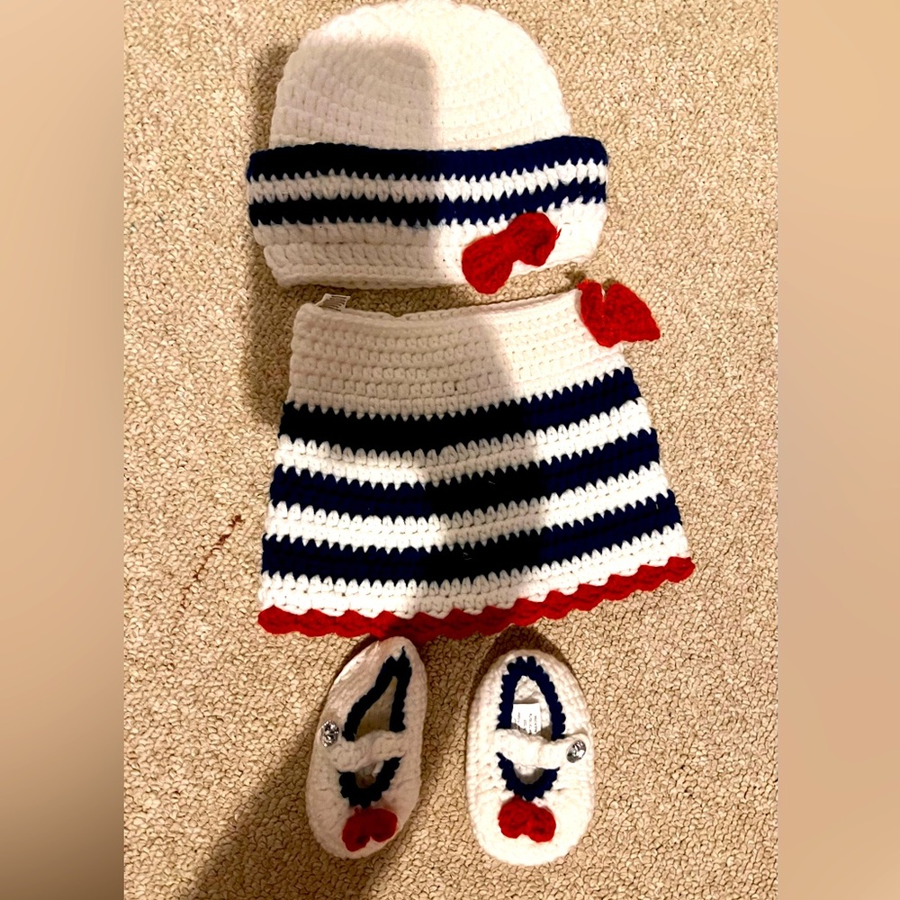 Handmade Kids Navy & White Striped Crochet Dress Set with Red Accents